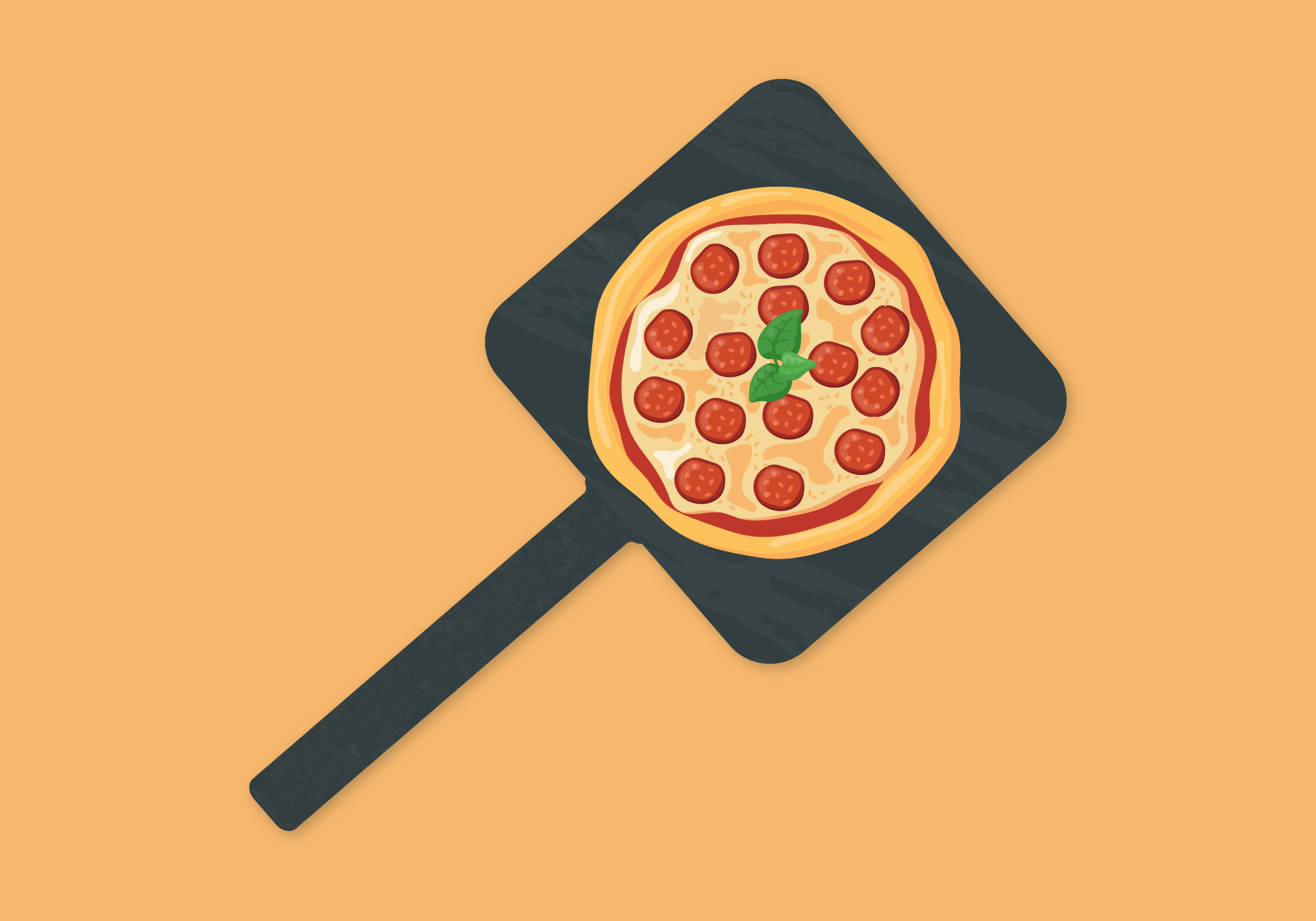 Portada mostrando una pizza sobre una base de pizarra creada con Illustrator.